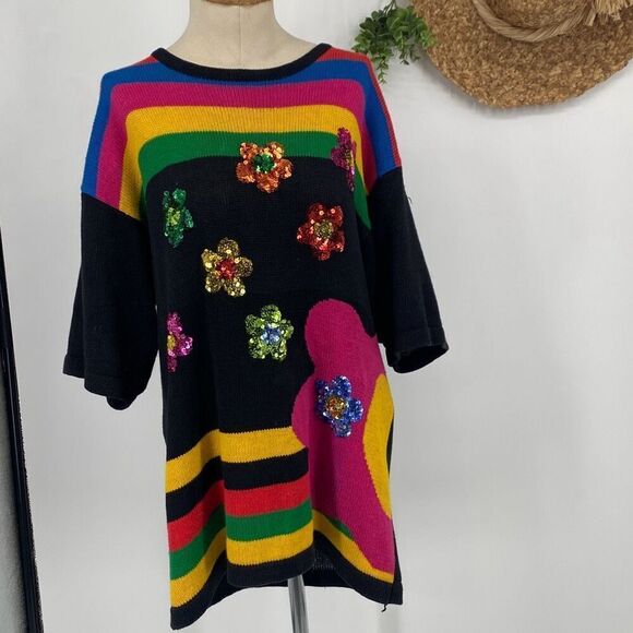 Eminent Women's Drop Shoulder Floral‎ Sequin Knit Sweater Dress Tunic Multi L - Picture 1 of 10